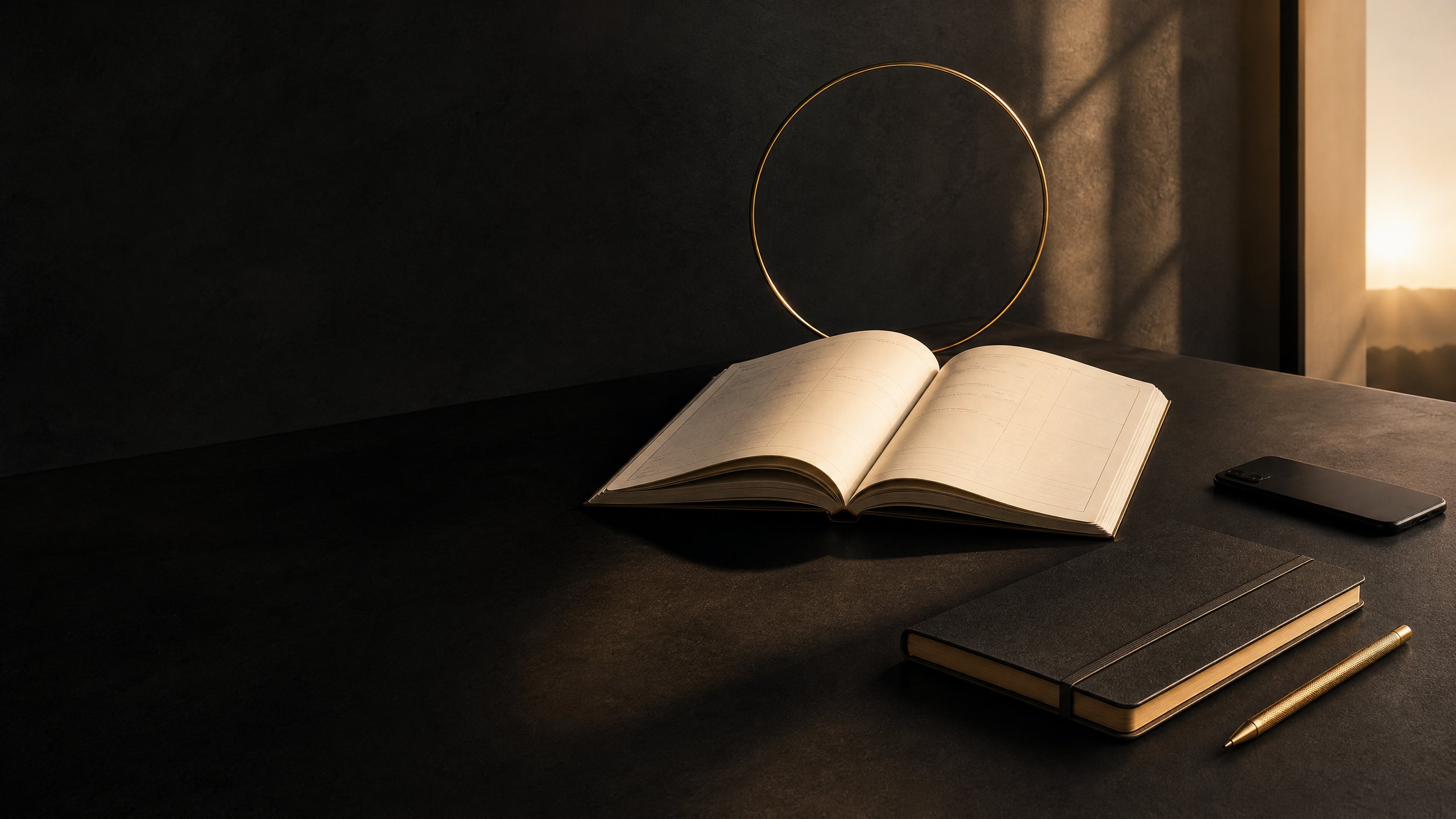 A focused workspace with a workbook and a gold pencil